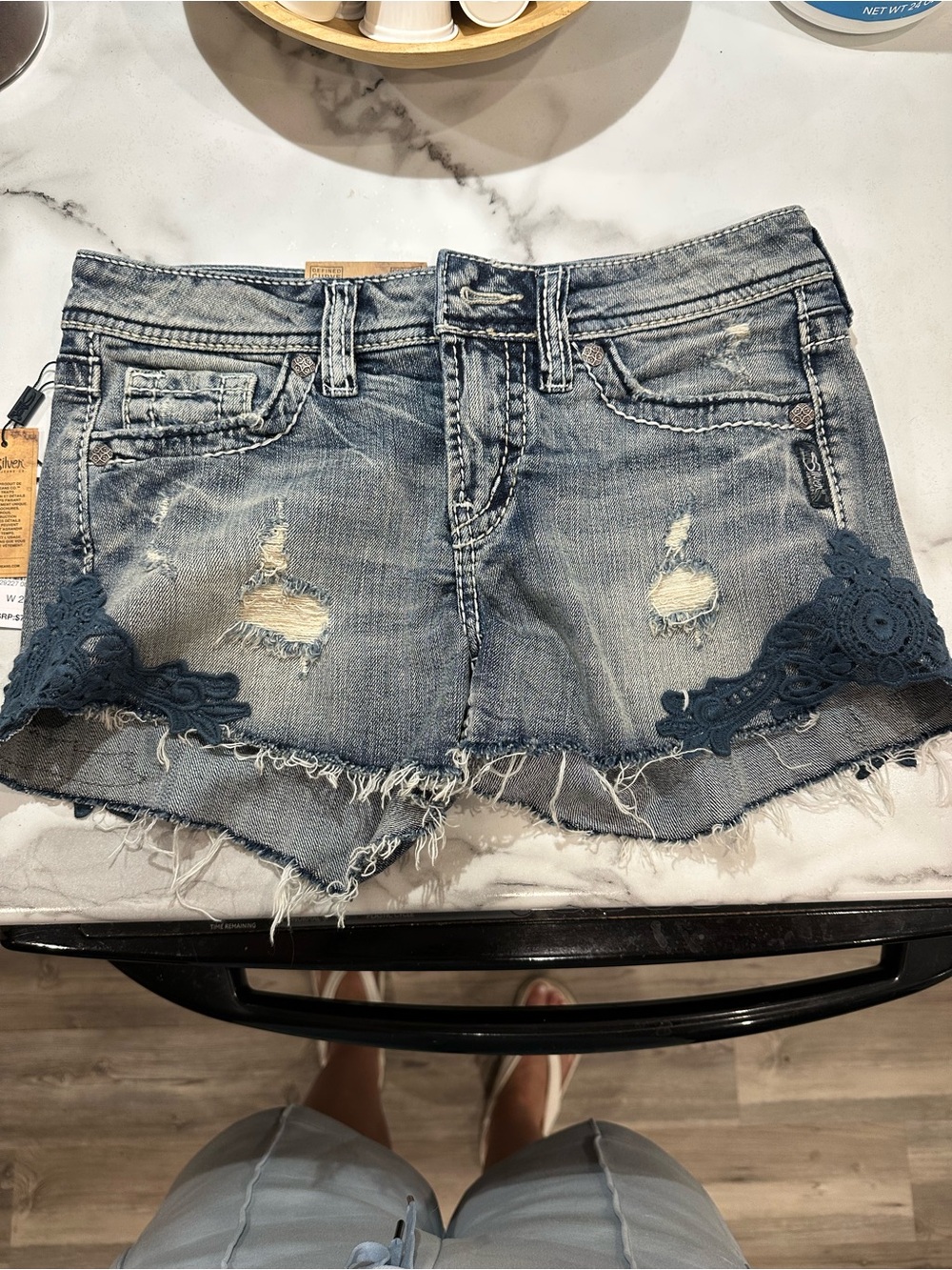 Silver Jeans Aiko Distressed Blue Denim Shorts with Navy Lace